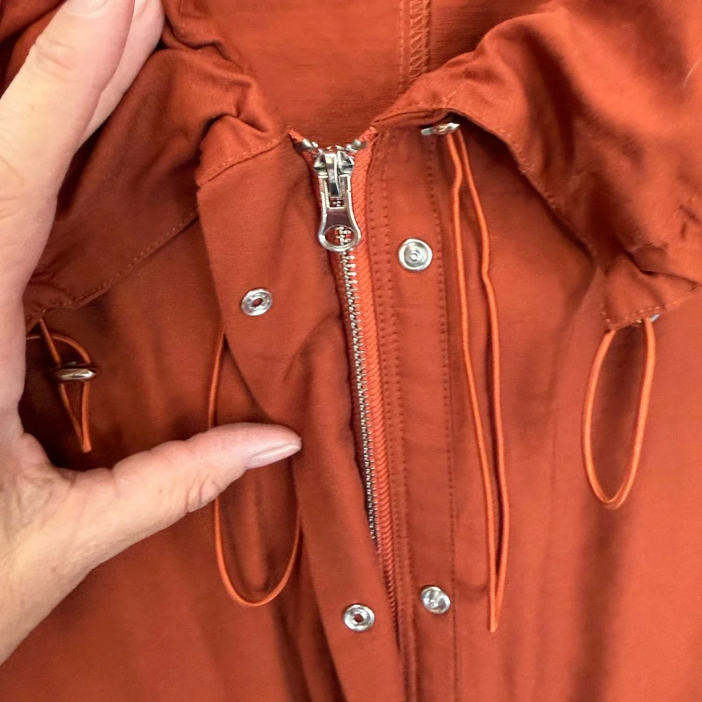 Womens Large Rust Orange Utility Coat Trench LONG Drawstring Long Rayon BBY1002 - Picture 3 of 16